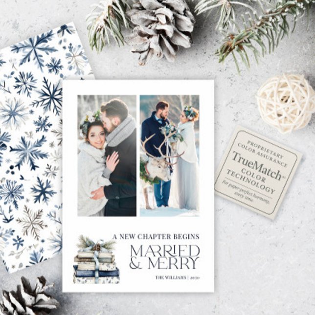 New Chapter Married & Merry Blue Snowflake 2 Photo Holiday Card (Creator Uploaded)