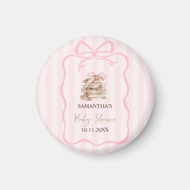 New Chapter Pink Bow Stripes Baby Shower Magnet (Front)