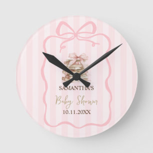 New Chapter Pink Bow Stripes Baby Shower Round Clock