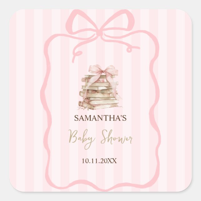 New Chapter Pink Bow Stripes Baby Shower Square Sticker (Front)