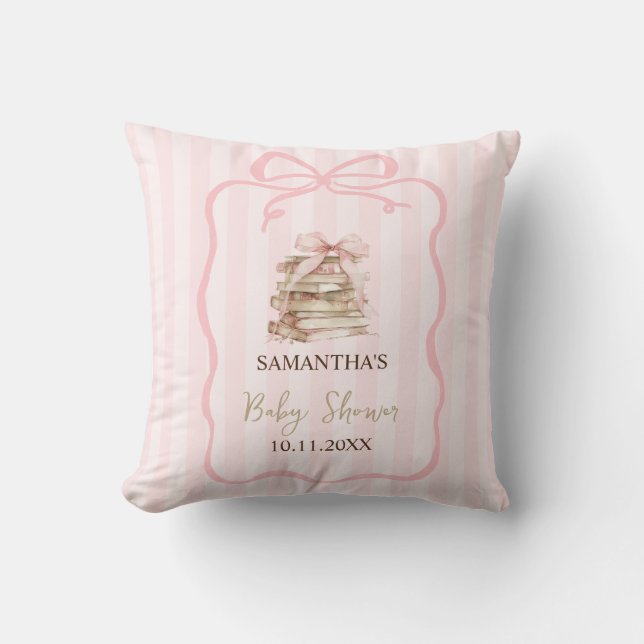 New Chapter Pink Bow Stripes Baby Shower Throw Pillow (Front)