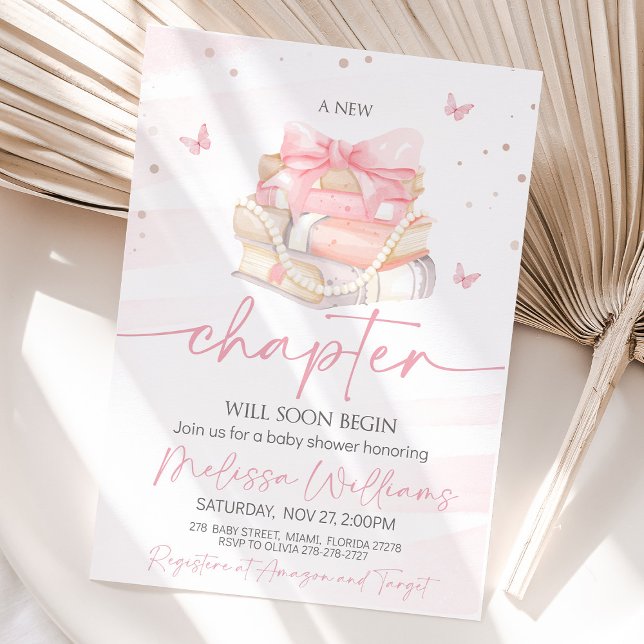 New Chapter Pink bow wildflowers Baby Shower Invitation (A soft pink baby shower invitation with wildflowers, an elegant pink satin bow, and the phrase "A Ne)