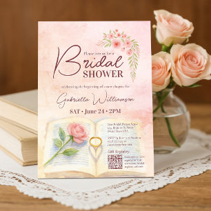 New Chapter Pink Rose & Ring Bridal Shower QR Code Invitation