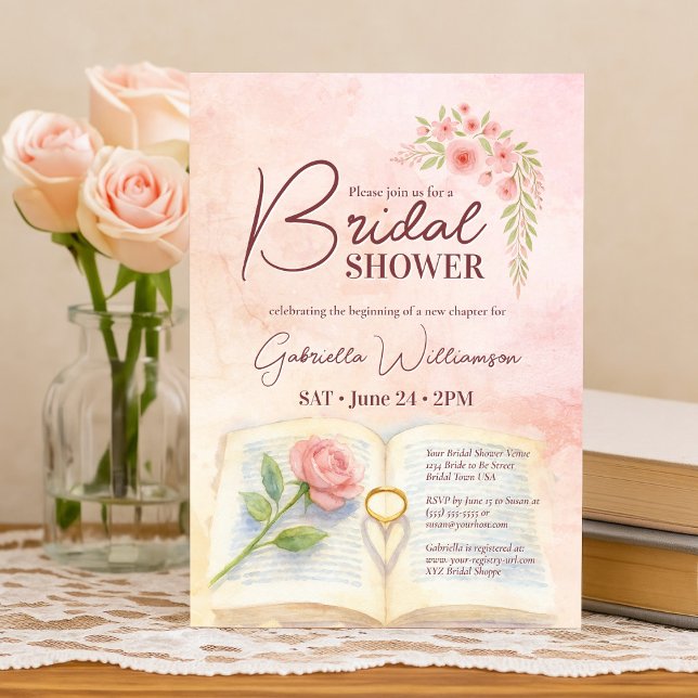 New Chapter Pink Rose & Ring Shadow Bridal Shower Invitation (Creator Uploaded)