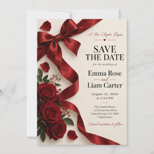 New Chapter Red Bow Rose Save the Date Invitation