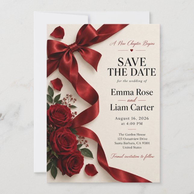 New Chapter Red Bow Rose Save the Date Invitation (Front)