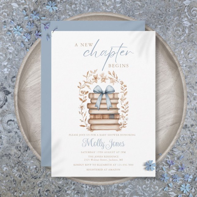 New Chapter Storybook Blue Bow Baby Shower Invitation (New Chapter Storybook Blue Bow Baby Shower Invitation)