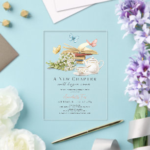 New Chapter Tea Set Butterflies Book Bridal Shower Acrylic Invitations