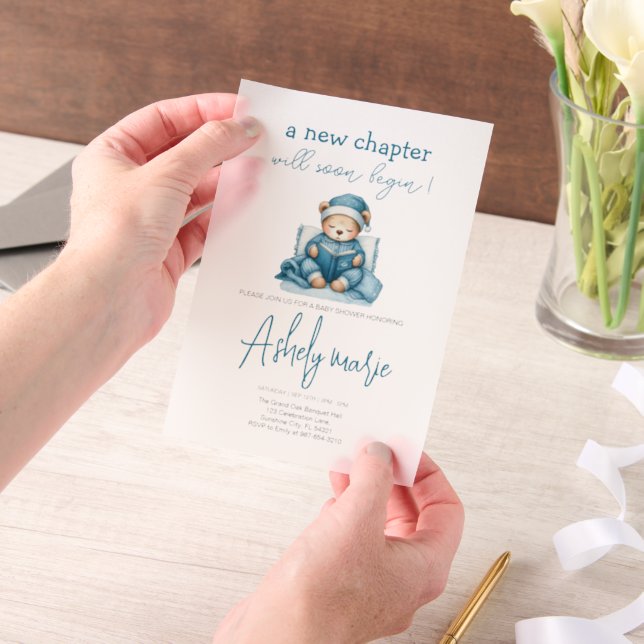 New Chapter Teddy blue boy baby shower Bear Vellum Invitations (Handheld)