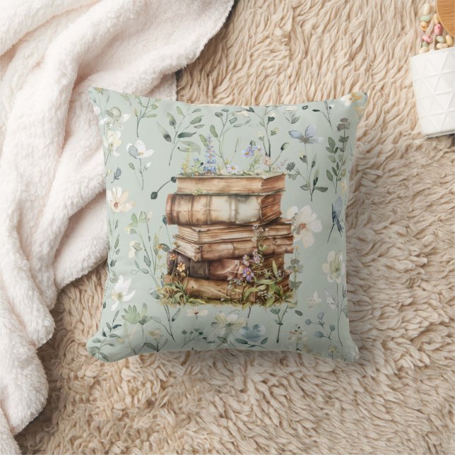 New Chapter watercolor, Stack of books wildflowers Throw Pillow (Blanket)