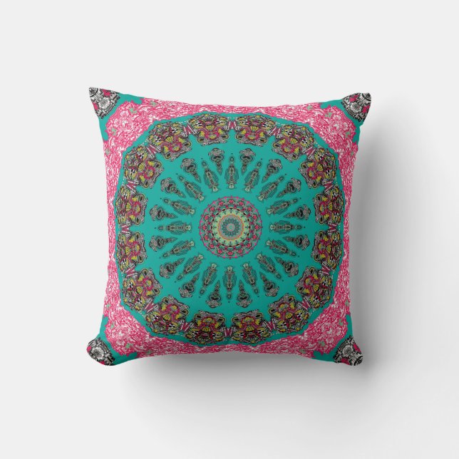 New City Kaleidoscope Turquoise et Fuchsia Coussin (Recto)