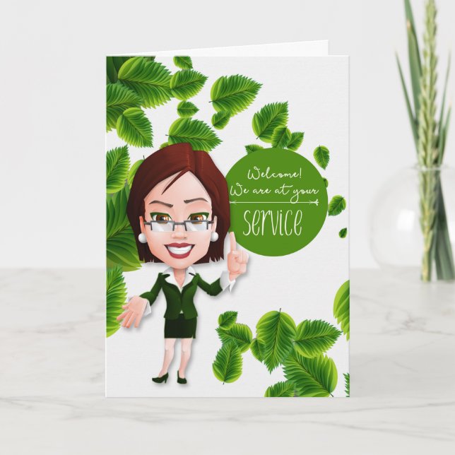 New Customer Welcome Businesswoman Caricature Holiday Card (Front)