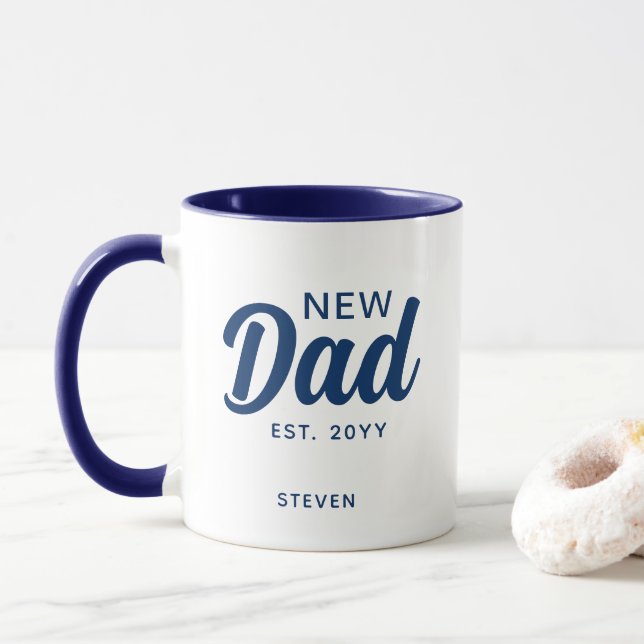 New Dad First Father's Day Blue Script Monogram Mug (With Donut)