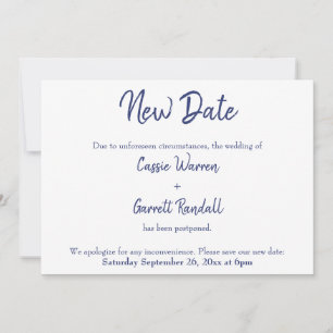 New Date Navy White Postponed Wedding Announcement