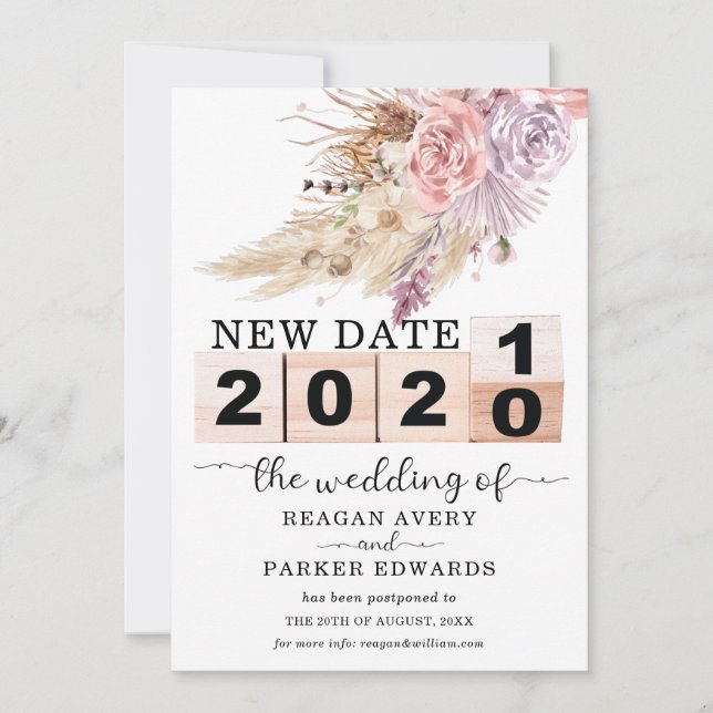 New Date Postponed Dried Pampas Grass Wedding Announcement (Front)