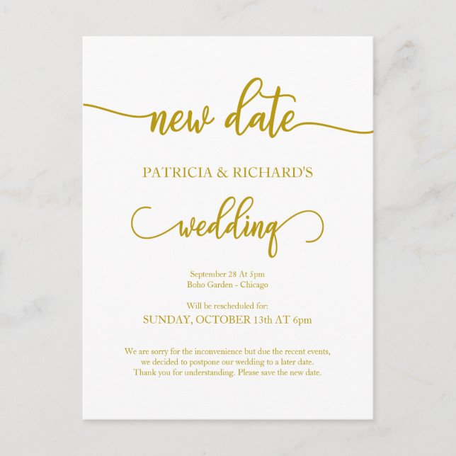 New Date Postponed Wedding Announcement Gold Postcard (Front)