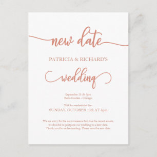 New Date Postponed Wedding Announcement Rose Gold Postcard