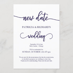 New Date Postponed Wedding Navy Blue Script Invitation
