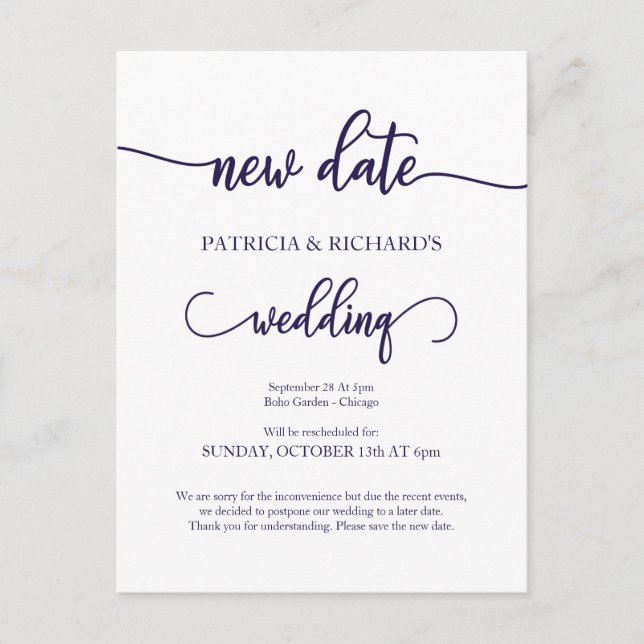 New Date Postponed Wedding Navy Blue Script Postcard (Front)