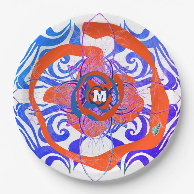 New Deco Monogram Orange Blue Rose Paper Plate (Front)