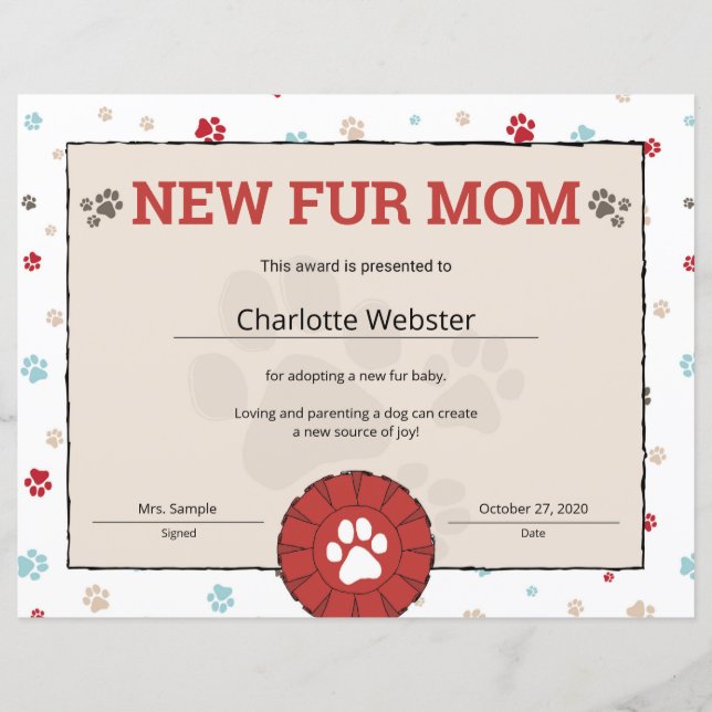 New Dog Owner Puppy Birth Certificate (Front)