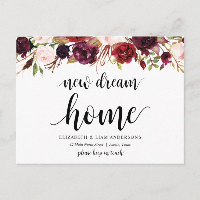 New dream home, burgundy floral, Announcement Postcard (Front)