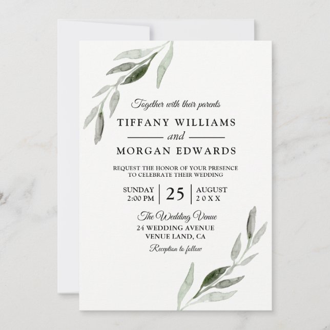 New Elegant Watercolor Green Leaf Wedding Invite (Front)