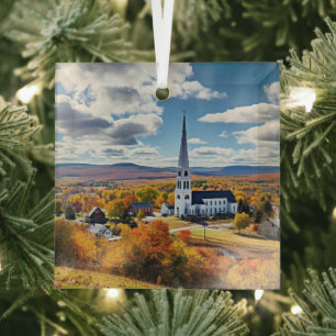 New England Landscape in Fall Glass Ornament