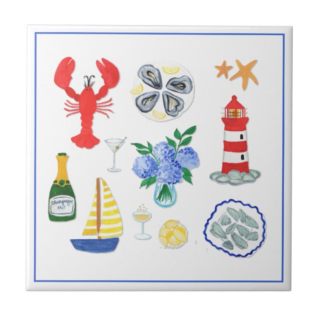 New England Seafood Themed Hand Painted Tile (Front)