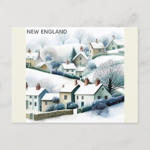New England Snowy Winter Village Illustration Postcard