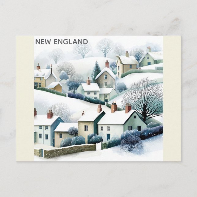 New England Snowy Winter Village Illustration Postcard (Front)