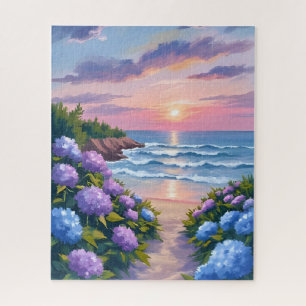 New England Summer   Hydrangea Beach Painting Jigsaw Puzzle