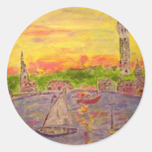 new england sunset classic round sticker