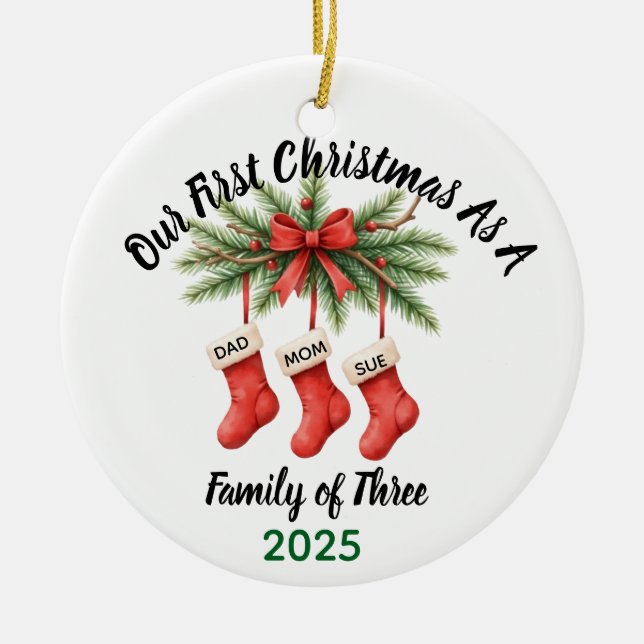 New Family of 3 First Christmas Keepsake 2025 Ceramic Ornament (Front)