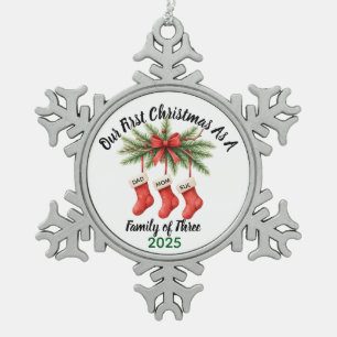 New Family of 3 First Christmas Keepsake 2025  Snowflake Pewter Christmas Ornament