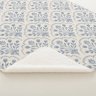 New Farmhouse Blue Floral Scallop Pattern Sherpa Blanket