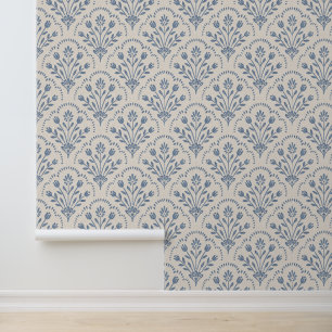 New Farmhouse Blue Floral Scallop Pattern Wallpaper
