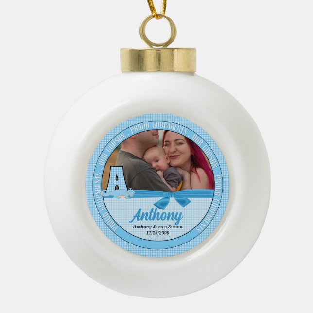 New Godparents Blue Gingham Baby Monogram A Ceramic Ball Christmas Ornament (Front)