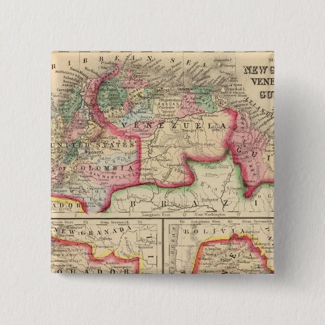 New Granada, Venezuela, Guiana Map by Mitchell 2 Inch Square Button (Front)