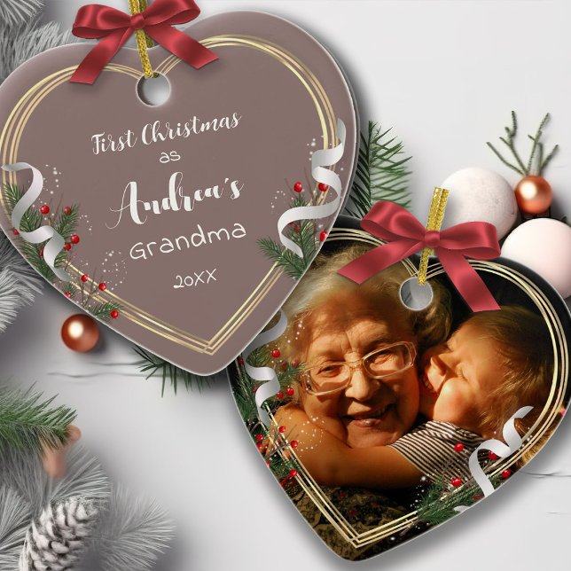 New Grandma 1st Christmas Gold Frame Photo  Ceramic Ornament (Creator Uploaded)