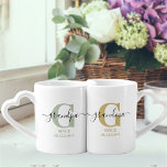 New Grandma and Grandpa Monogram Green and Ochre Coffee Mug Set<br><div class="desc">Family monogram mug set for new grandma and grandpa (or established grandparents) which you can personalize with the date they became first time grandparents. This design has elegant handwritten script, modern typography and a subtle colour palette of silver green, ochre yellow, black and white. One mug has a monogram initial...</div>