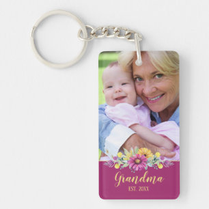 New Grandma Elegant Flowers Burgundy Photo Keychain