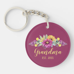 New Grandma Elegant Flowers Burgundy Photo Keychain