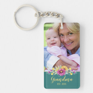 New Grandma Elegant Flowers Turquoise Teal   Photo Keychain