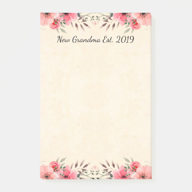 New Grandma Est. 2019 Pretty Floral Border Post-it Notes (Front)