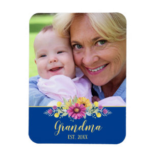 New Grandma Vibrant Flowers on Bright Blue   Photo Magnet