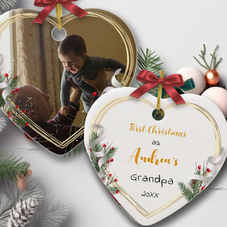 New Grandpa & Baby Holly Pine Gold Frame Photo  Ceramic Ornament