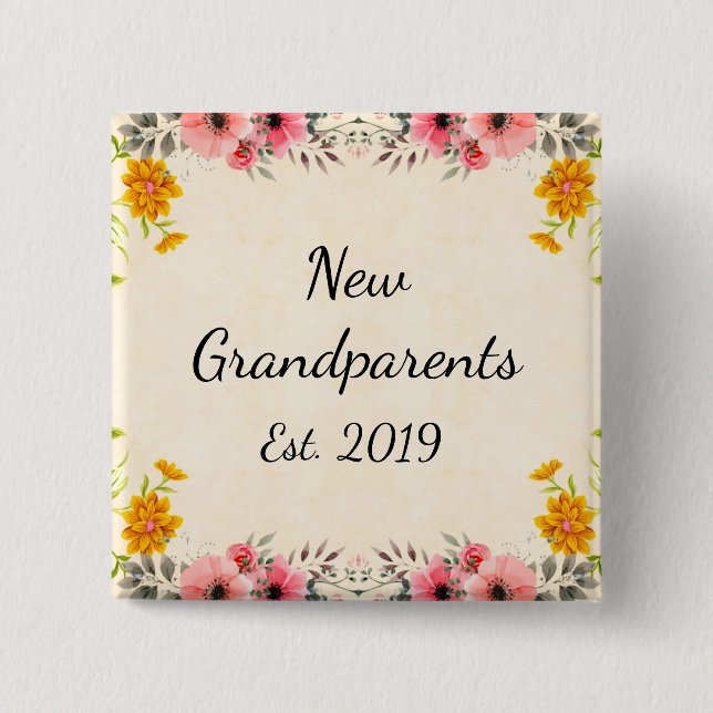 New Grandparents Est. 2019 Vintage Floral Button (Front)