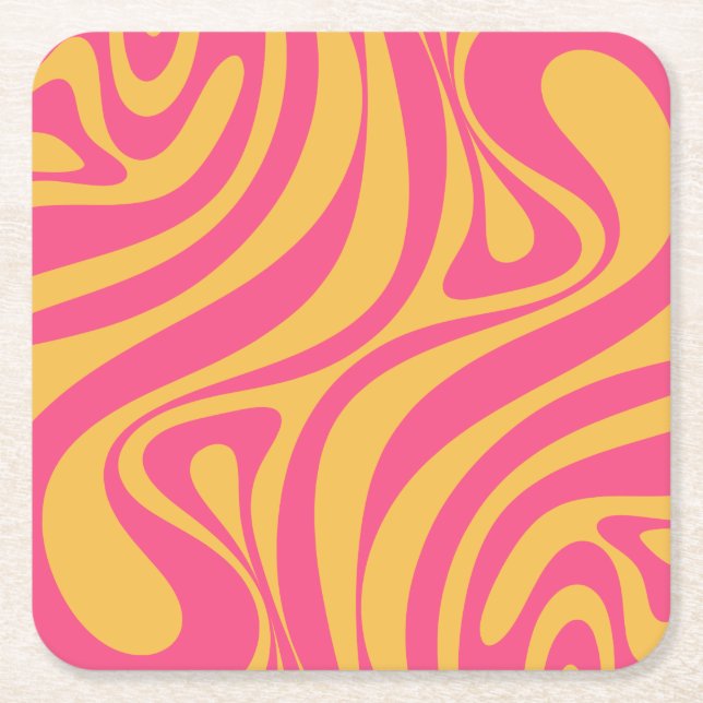 New Groove Retro Abstract Pattern Hot Pink Yellow Square Paper Coaster (Front)