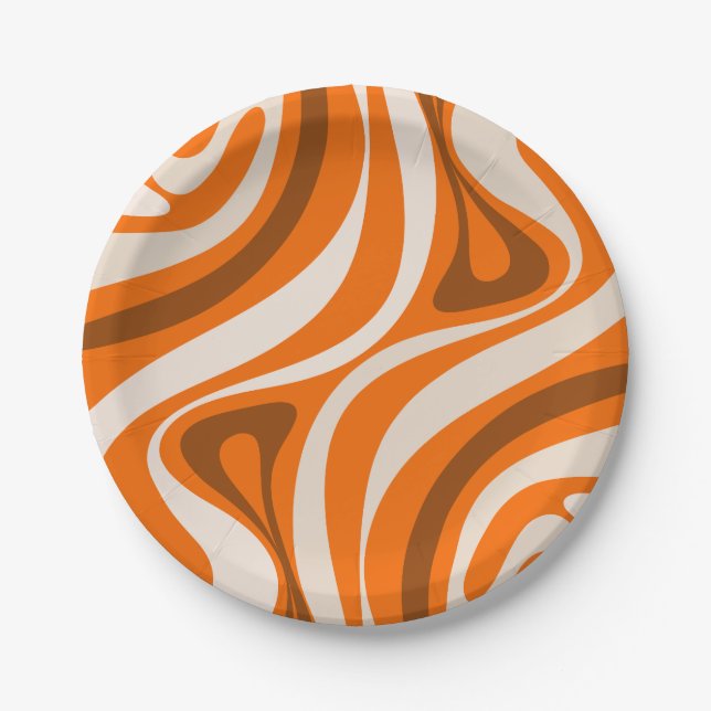 New Groove Retro Abstract Patterns Orange Brown Paper Plate (Front)